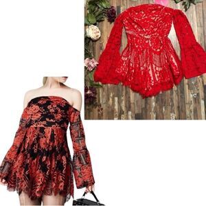 TIGER MIST REVOLVE NWT Red Lace Fall Together Bell Sleeve Romper L